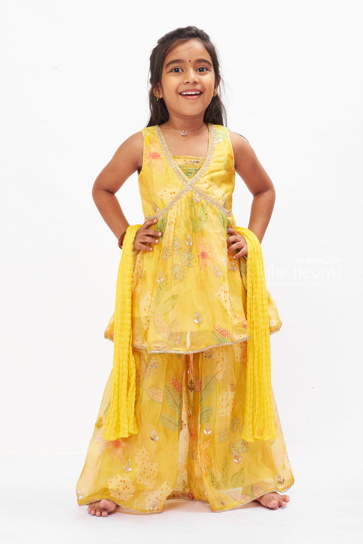 The Nesavu Girls Sharara / Plazo Set Sunshine Yellow Layered Gharara Set with Sparkling Sequins for Girls Nesavu Buy Girls Yellow Sequined Gharara Set | Vibrant Floral Themed Outfit | The Nesavu