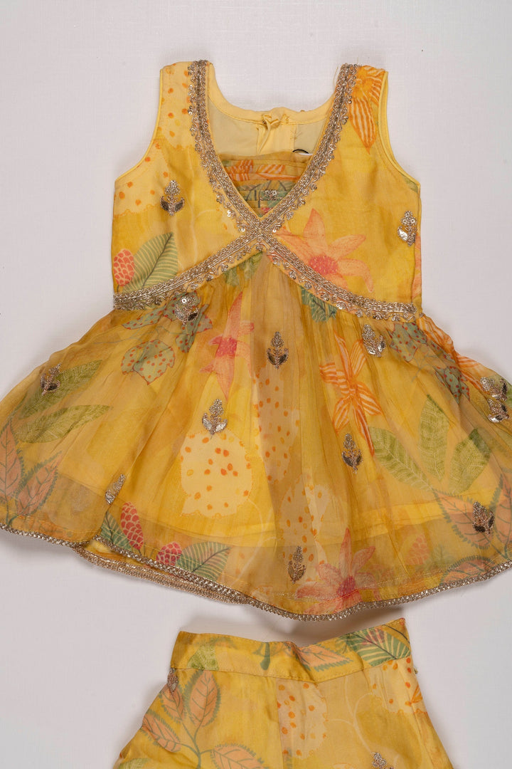 The Nesavu Girls Sharara / Plazo Set Sunshine Yellow Layered Gharara Set with Sparkling Sequins for Girls Nesavu Buy Girls Yellow Sequined Gharara Set | Vibrant Floral Themed Outfit | The Nesavu