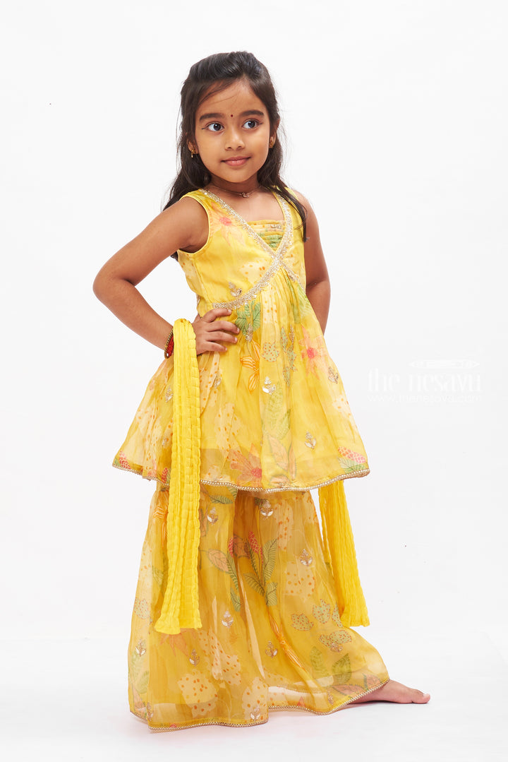 The Nesavu Girls Sharara / Plazo Set Sunshine Yellow Layered Gharara Set with Sparkling Sequins for Girls Nesavu Buy Girls Yellow Sequined Gharara Set | Vibrant Floral Themed Outfit | The Nesavu