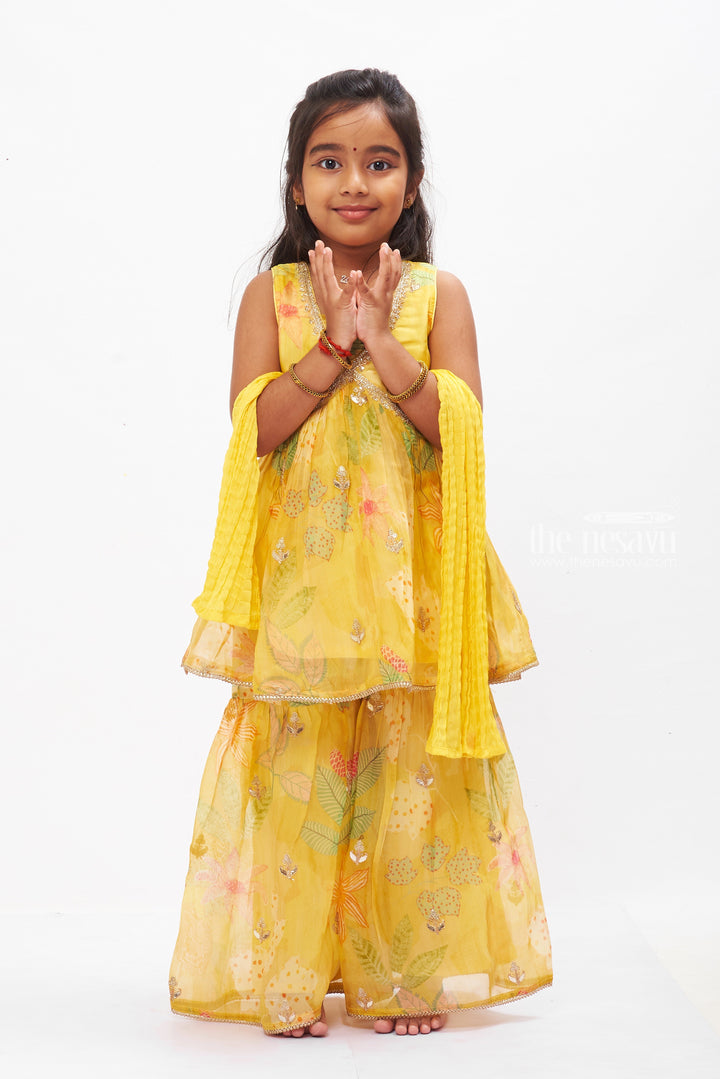 The Nesavu Girls Sharara / Plazo Set Sunshine Yellow Layered Gharara Set with Sparkling Sequins for Girls Nesavu Buy Girls Yellow Sequined Gharara Set | Vibrant Floral Themed Outfit | The Nesavu