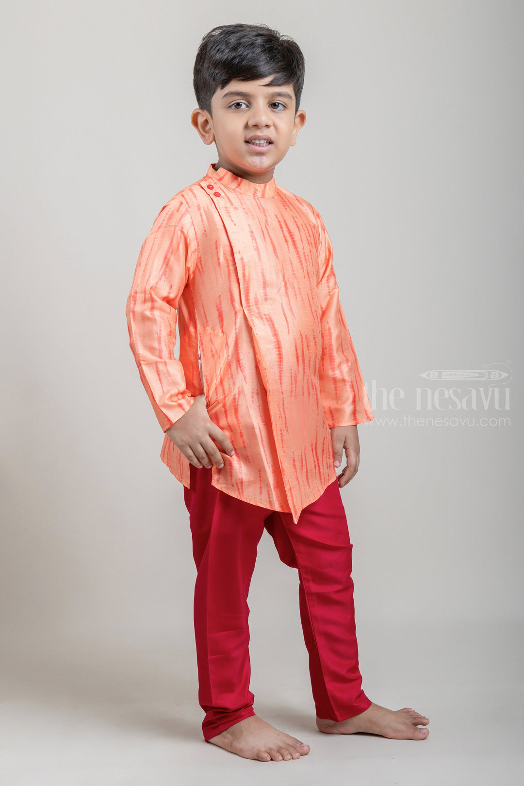 The Nesavu Ethnic Sets Tie and Dyed Orange Boys Kurta with Red Pant psr silks Nesavu 12 (3M) / Orange BES341A