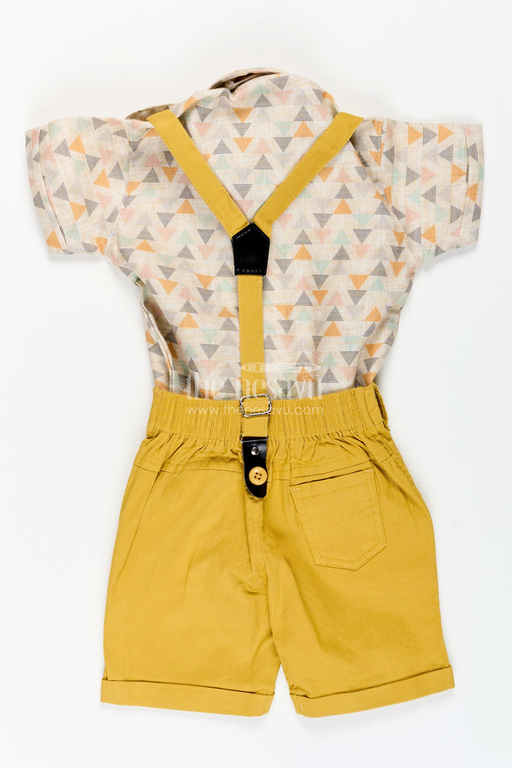 The Nesavu Boys Casual Set Toddler Boys Geometric Print Shirt and Mustard Shorts Set with Cap and Suspenders Nesavu Nesavu toddler boys printed cotton shirt with mustard shorts, cap, and suspenders