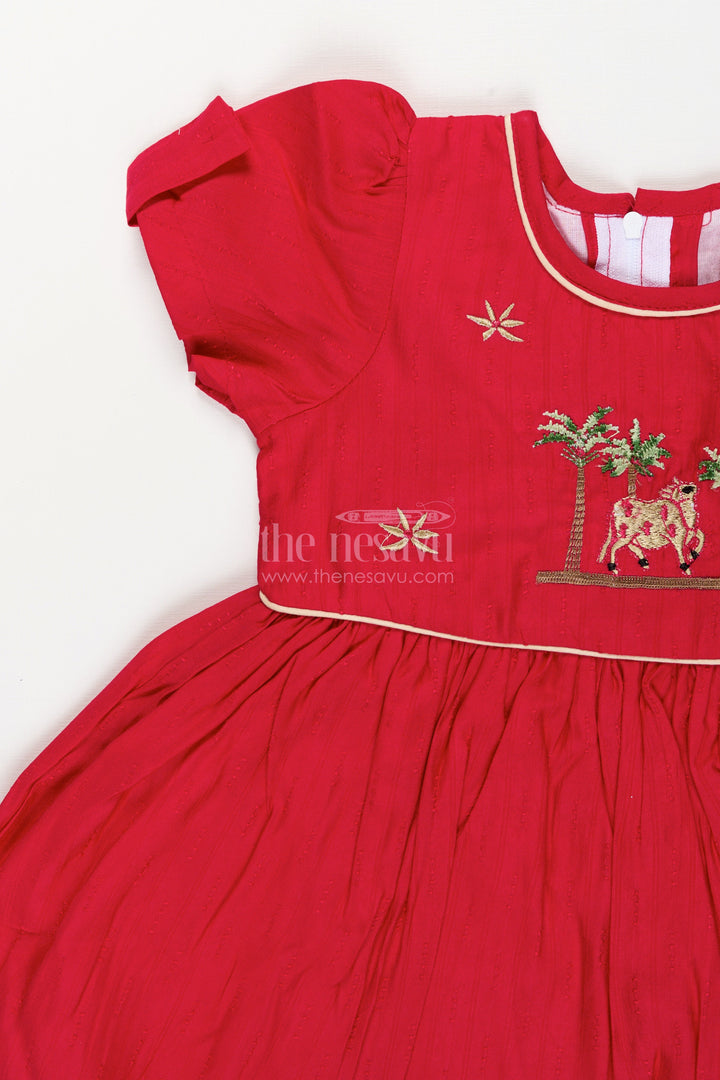 The Nesavu Girls Cotton Frock Toddler girl silk blend frock with elephant embroidery for festive wear Nesavu Nesavu toddler girl red silk blend frock with elephant embroidery ideal for pujas and festive occasions