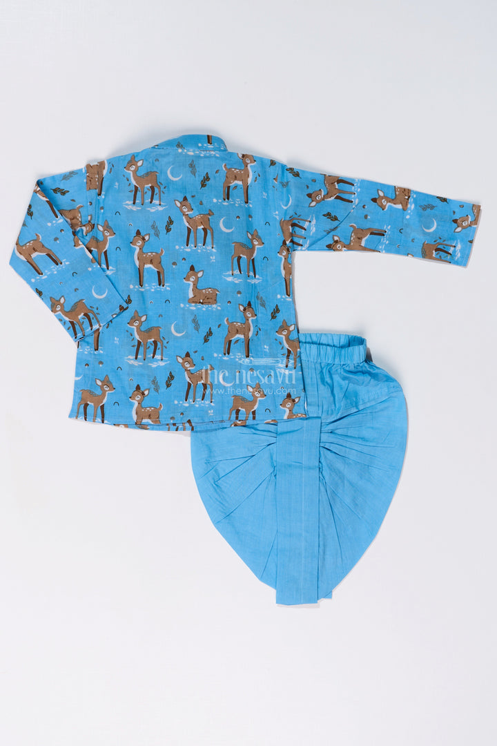 The Nesavu Boys Dothi Set Traditional Boys Dhoti and Jacket Set in Cotton with Deer Print for Festive Occasions Nesavu Boys Dhoti Jacket Set Cotton Deer Print Traditional Festive Wear | The Nesavu