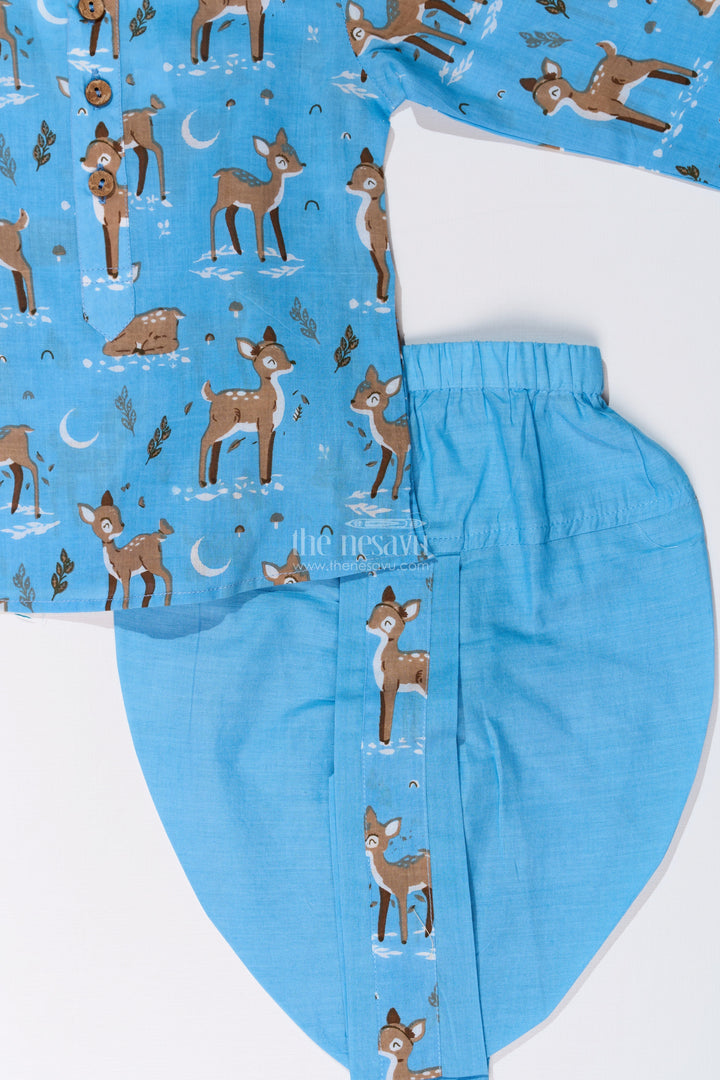 The Nesavu Boys Dothi Set Traditional Boys Dhoti and Jacket Set in Cotton with Deer Print for Festive Occasions Nesavu Boys Dhoti Jacket Set Cotton Deer Print Traditional Festive Wear | The Nesavu