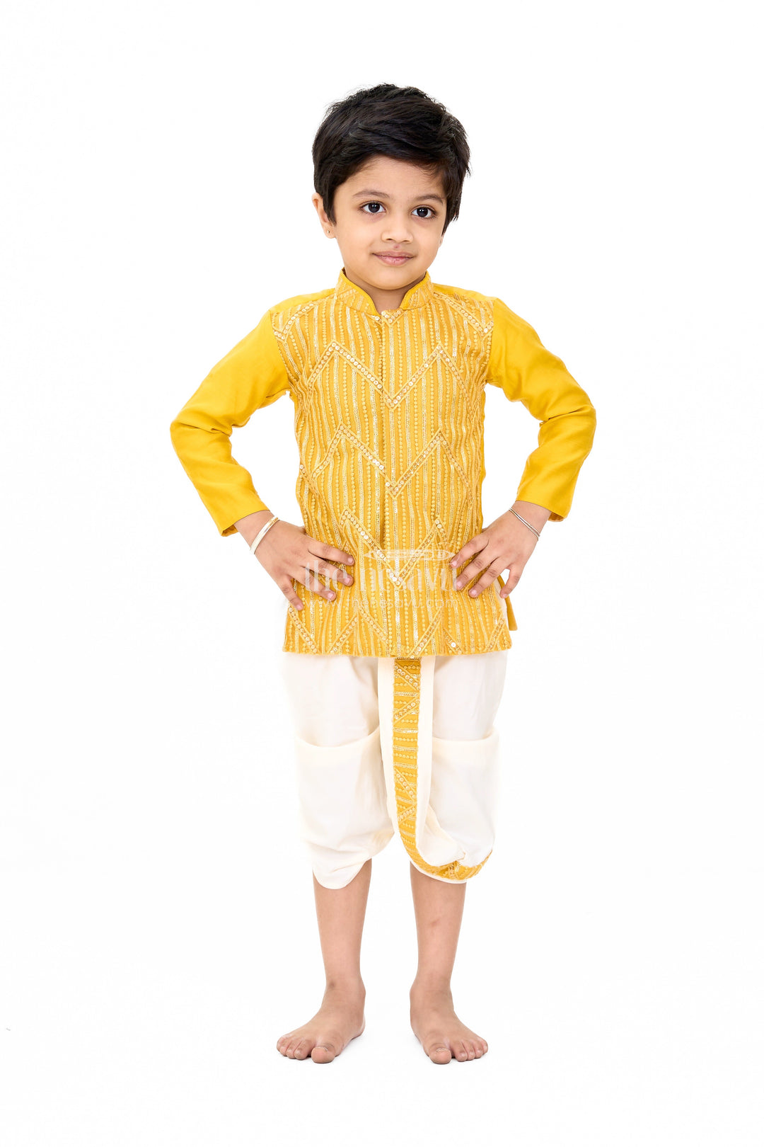 The Nesavu Boys Dothi Set Traditional Boys Mustard Dhoti Shirt Set with Sequin Embellished Design Nesavu 10 (NB) / Yellow BES621A-10 Nesavu Boys Mustard Dhoti Shirt Set Sequin Embroidery Festive Wear