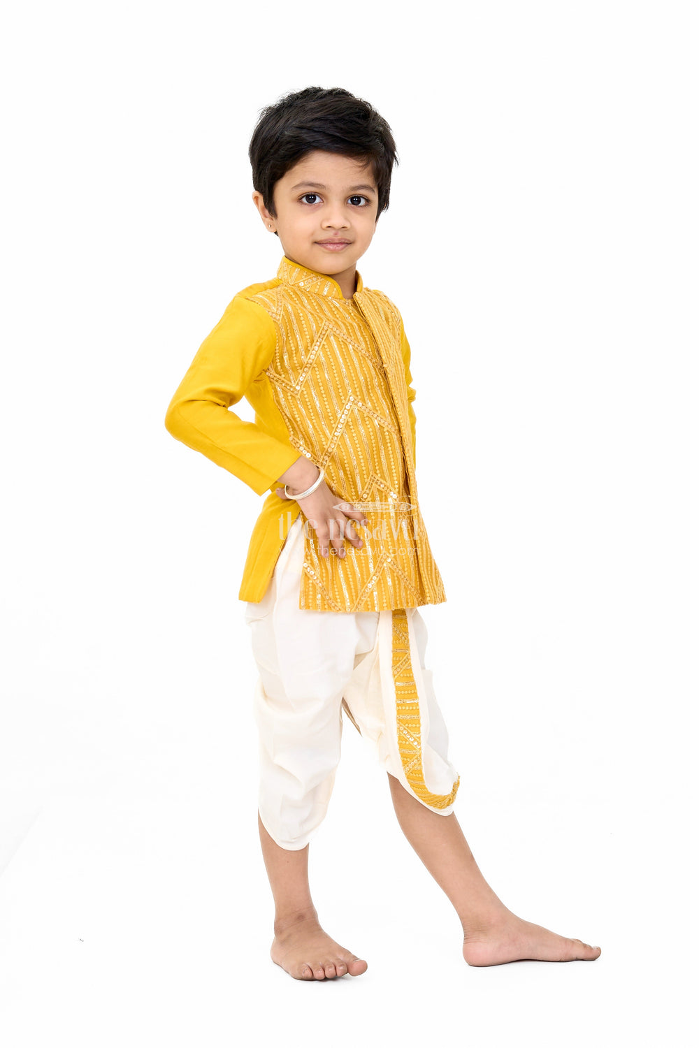 The Nesavu Boys Dothi Set Traditional Boys Mustard Dhoti Shirt Set with Sequin Embellished Design Nesavu Nesavu Boys Mustard Dhoti Shirt Set Sequin Embroidery Festive Wear