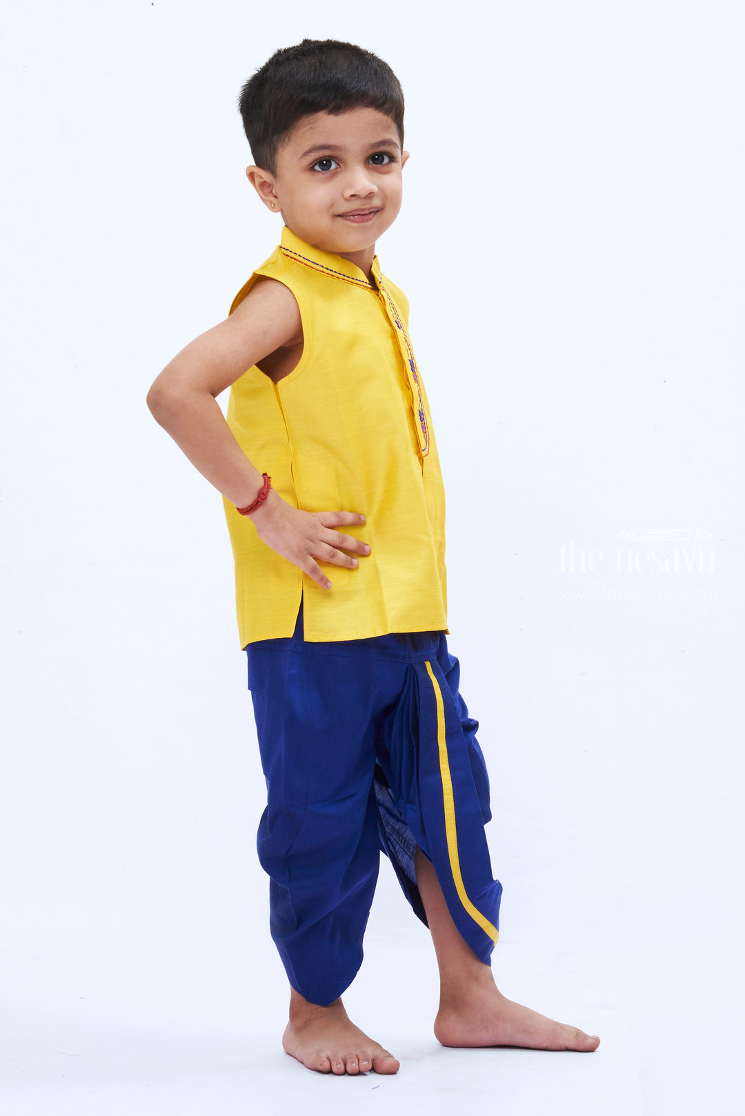 The Nesavu Boys Dothi Set Traditional Boys Yellow Kurta with Navy Blue Dhoti Set - Ethnic Panchagajam Ensemble Nesavu Boys' Ethnic Yellow Kurta & Navy Dhoti Set | Traditional Panchagajam Attire | The Nesavu