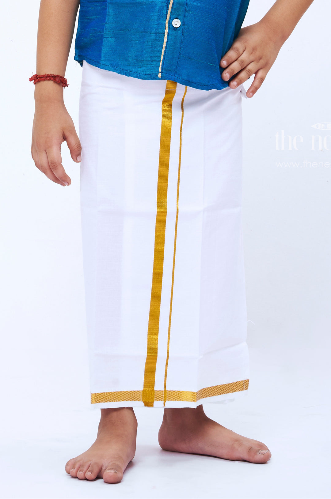 The Nesavu Boys Vesti Traditional Cotton Vesti for Boys Elegance in White and Gold Nesavu Boys White and Gold Traditional Vesti/Dothi | Ethnic Indian Clothing for Kids | The Nesavu