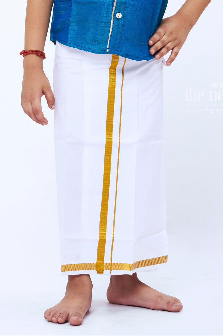 The Nesavu Boys Vesti Traditional Cotton Vesti for Boys Elegance in White and Gold Nesavu Boys White and Gold Traditional Vesti/Dothi | Ethnic Indian Clothing for Kids | The Nesavu