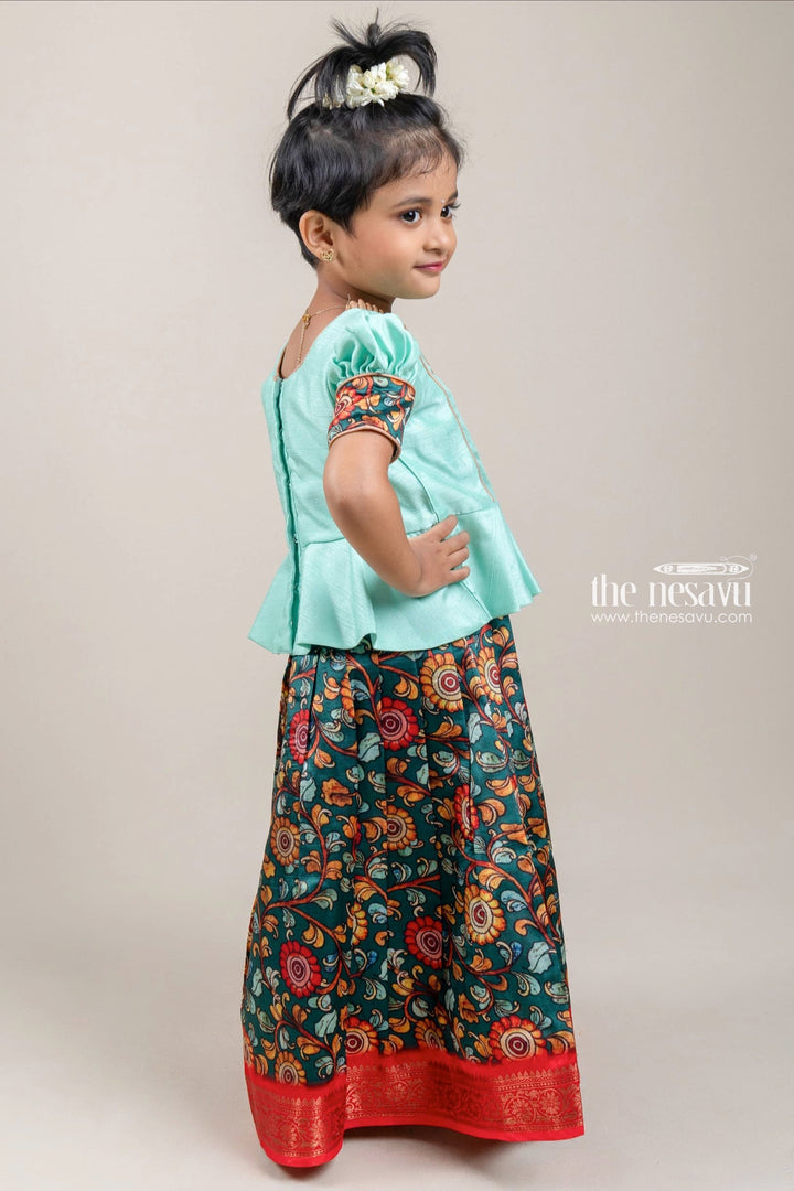 The Nesavu Pattu Pavadai Traditional Green Silk Pattu Pavadai with Floral Cuffs and Banarasi Border for Girls Nesavu Green Silk Pattu Pavadai with Floral Cuffs and Banarasi Border for Girls | The Nesavu