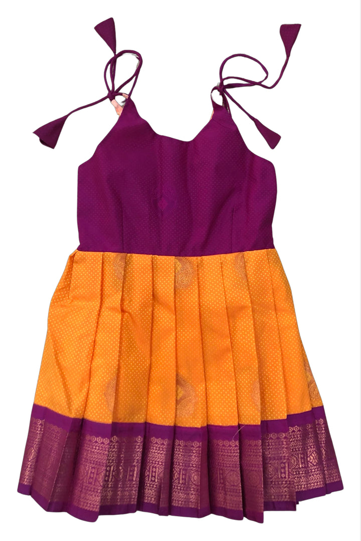 The Nesavu Tie-up Frock Traditional Silk Tie-Up Frock with Zari Embroidery for Girls Nesavu 16 (1Y) / Yellow / Style 4 T300D-16 Tie-Up Frock with Zari Work | Perfect for Festive Occasions | The Nesavu