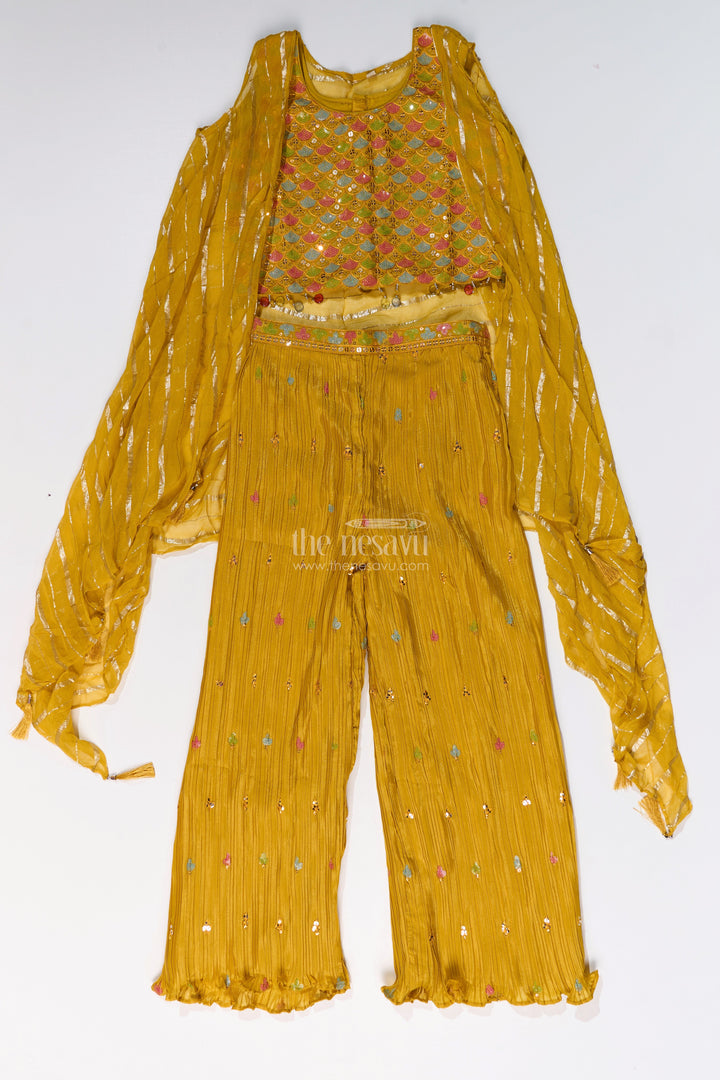 The Nesavu Girls Sharara / Plazo Set Trendy Beautiful Kurti Plazo Set for Girls with Embroidered Georgette and Mirror Work Nesavu 24 (5Y) / Yellow GPS530A-24 Nesavu Trendy Beautiful Kurti Plazo Set Girls Embroidered Georgette Mirror Work
