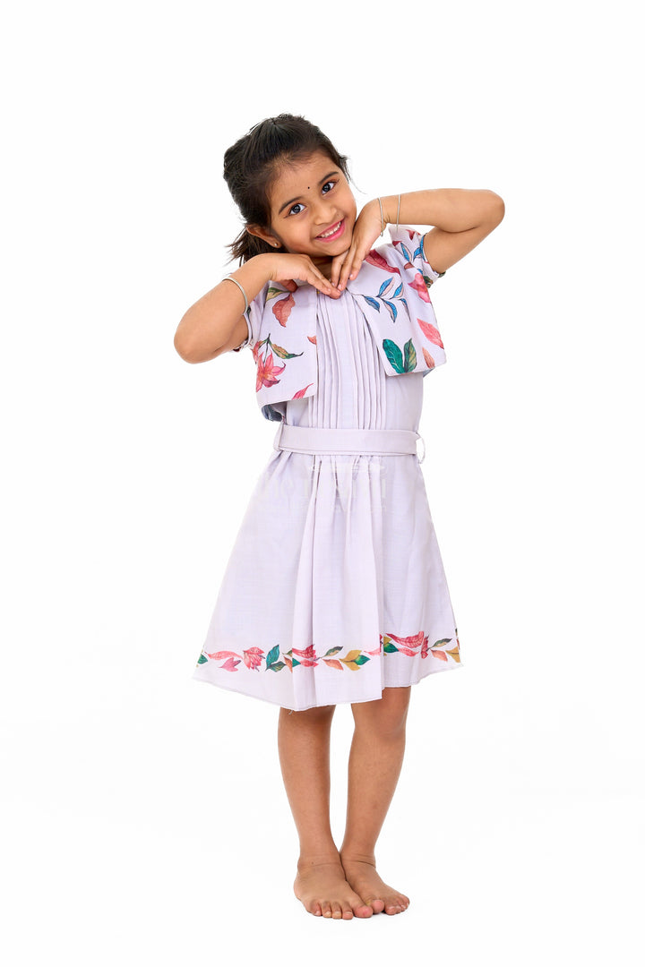 The Nesavu Girls Cotton Frock Trendy Indo Western Girls Cotton Frock with Floral Patterns and Waist Tie-Up Nesavu Indo Western Girls Cotton Frock Floral Pleats Belt Nesavu
