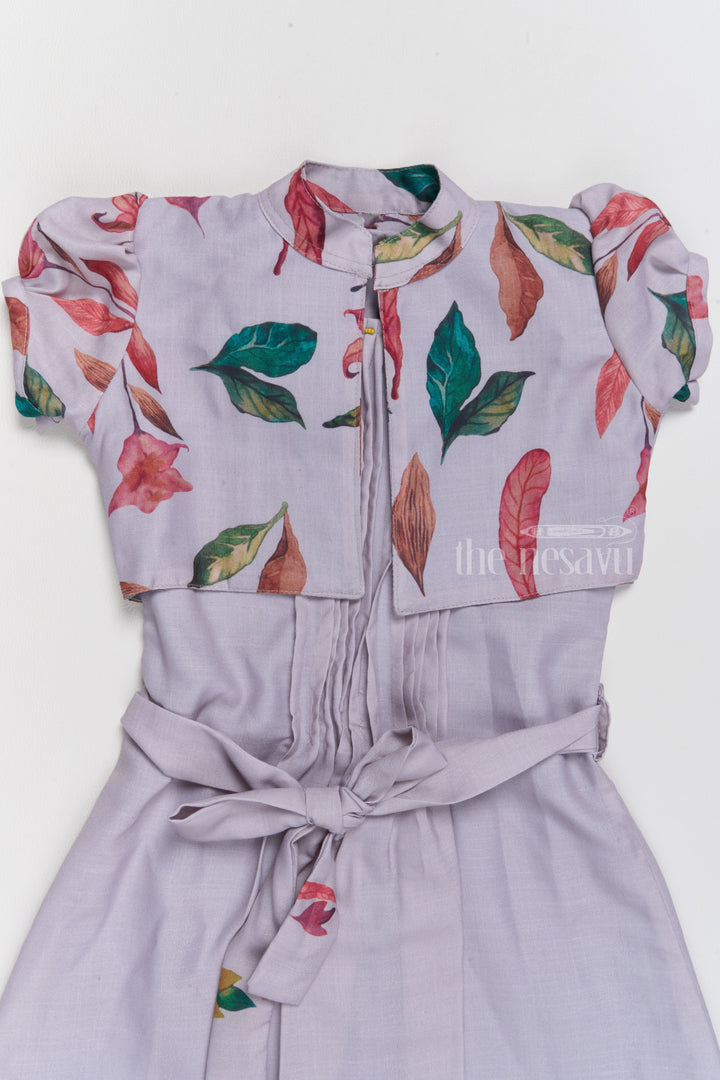 The Nesavu Girls Cotton Frock Trendy Indo Western Girls Cotton Frock with Floral Patterns and Waist Tie-Up Nesavu Indo Western Girls Cotton Frock Floral Pleats Belt | The Nesavu