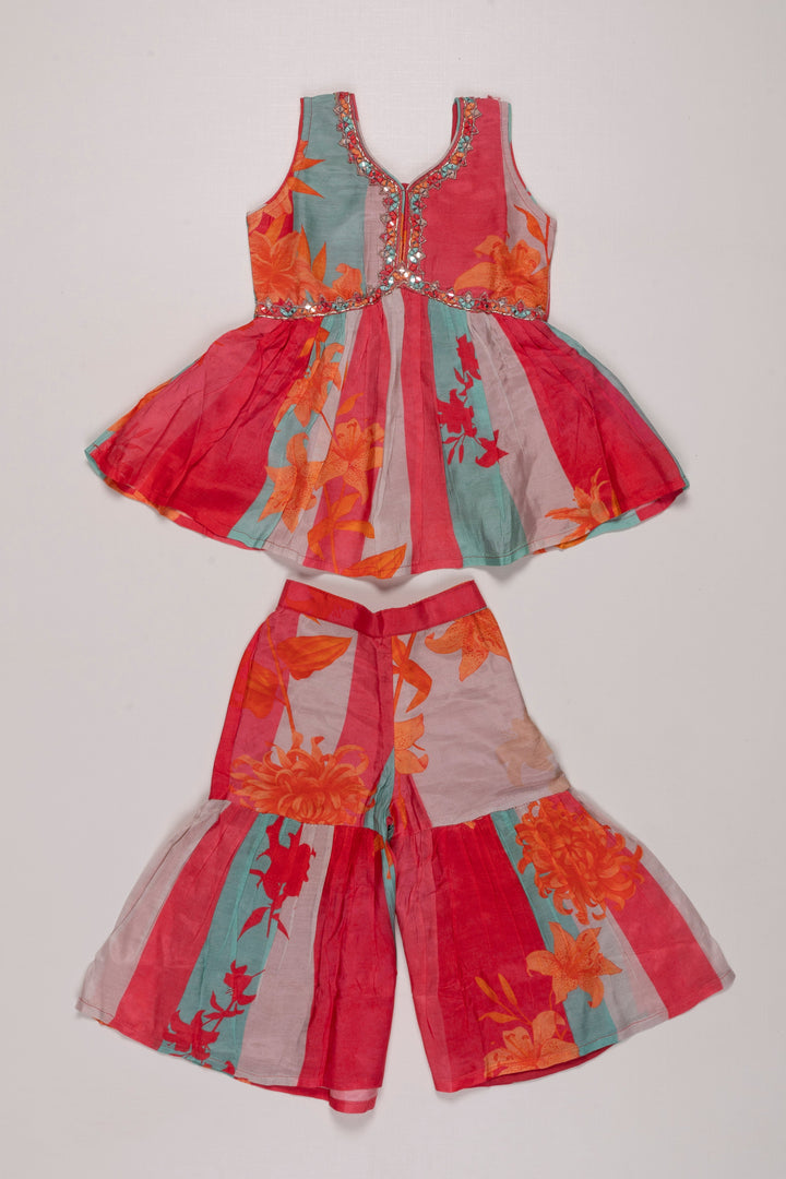 The Nesavu Girls Sharara / Plazo Set Tropical Sunset Gharara Set with Sequined Detailing for Girls Nesavu 16 (1Y) / Pink GPS256A-16 Shop Colorful Girls Gharara Set with Sequins | Festive Summer Outfit | The Nesavu