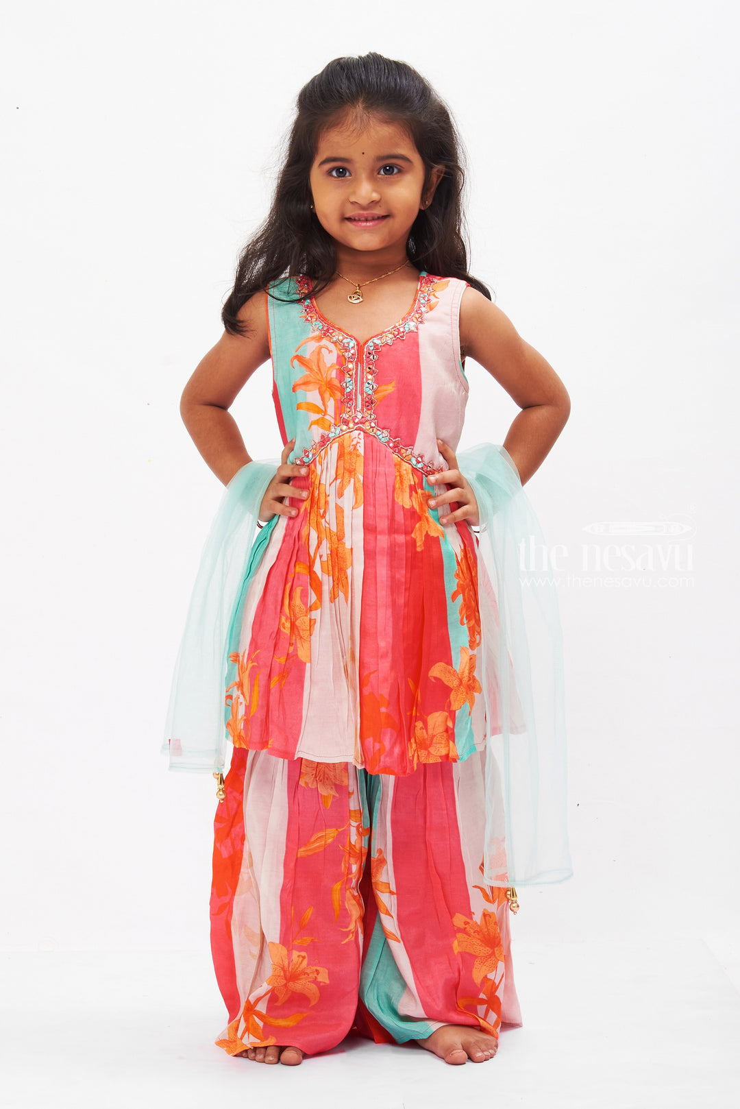 The Nesavu Girls Sharara / Plazo Set Tropical Sunset Gharara Set with Sequined Detailing for Girls Nesavu 16 (1Y) / Pink GPS256A-16 Shop Colorful Girls Gharara Set with Sequins | Festive Summer Outfit | The Nesavu