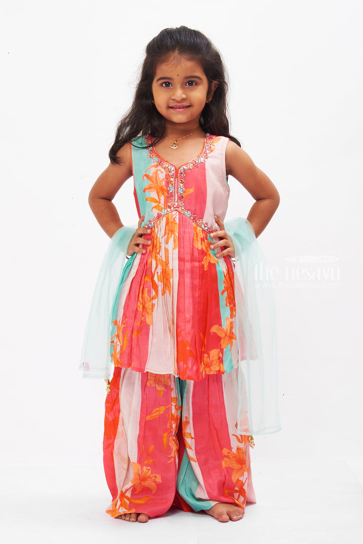 The Nesavu Girls Sharara / Plazo Set Tropical Sunset Gharara Set with Sequined Detailing for Girls Nesavu 16 (1Y) / Pink GPS256A-16 Shop Colorful Girls Gharara Set with Sequins | Festive Summer Outfit | The Nesavu