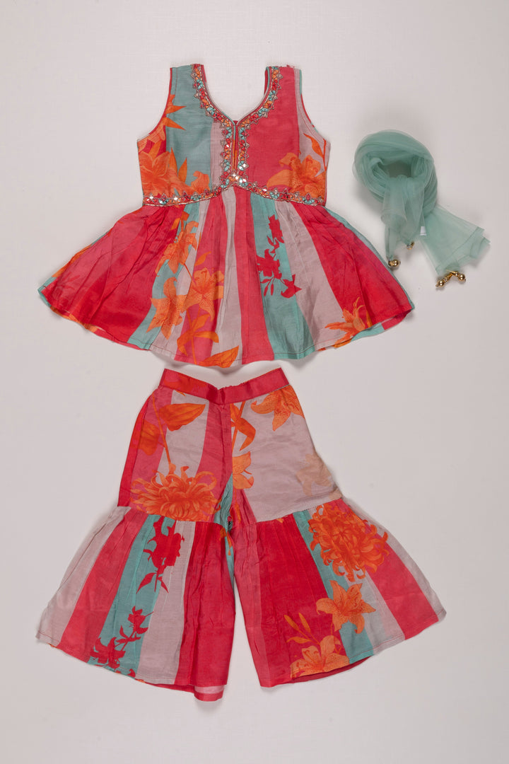 The Nesavu Girls Sharara / Plazo Set Tropical Sunset Gharara Set with Sequined Detailing for Girls Nesavu Shop Colorful Girls Gharara Set with Sequins | Festive Summer Outfit | The Nesavu