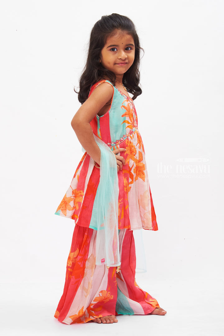 The Nesavu Girls Sharara / Plazo Set Tropical Sunset Gharara Set with Sequined Detailing for Girls Nesavu Shop Colorful Girls Gharara Set with Sequins | Festive Summer Outfit | The Nesavu