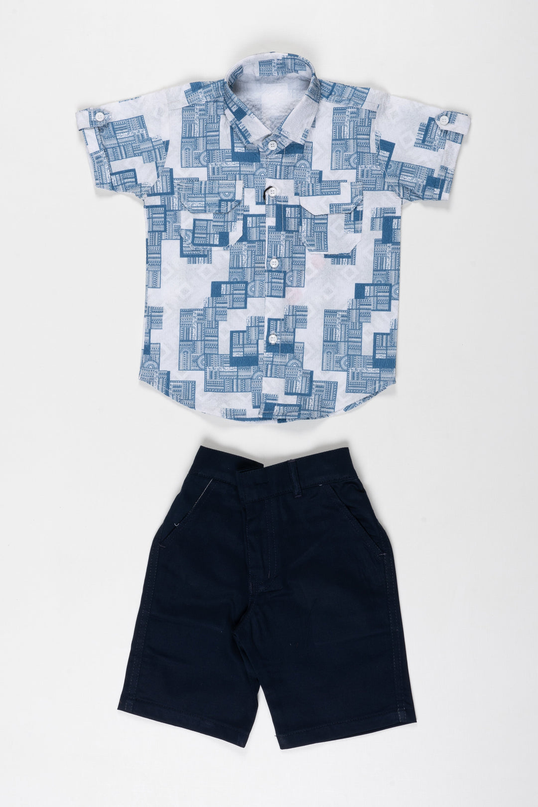 The Nesavu Boys Casual Set Urban Architect Boys Printed Shirt and Shorts Set Nesavu 18 (2Y) / Blue / Popcorn Polysilk BCS015A-18 Boys Architectural Print Shirt  Black Shorts | Modern Casual Kids Wear | The Nesavu