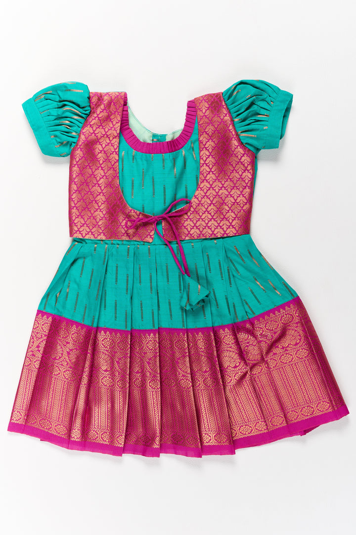 The Nesavu Girls Kanchi Silk Frock Vibrant Green and Red Pattu Pavadai for Girls with Traditional Zari Weaving Nesavu 16 (1Y) / Green / Style 1 SF831AA-16 Nesavu Vibrant Green Red Pattu Pavadai Girls Traditional Zari Weaving
