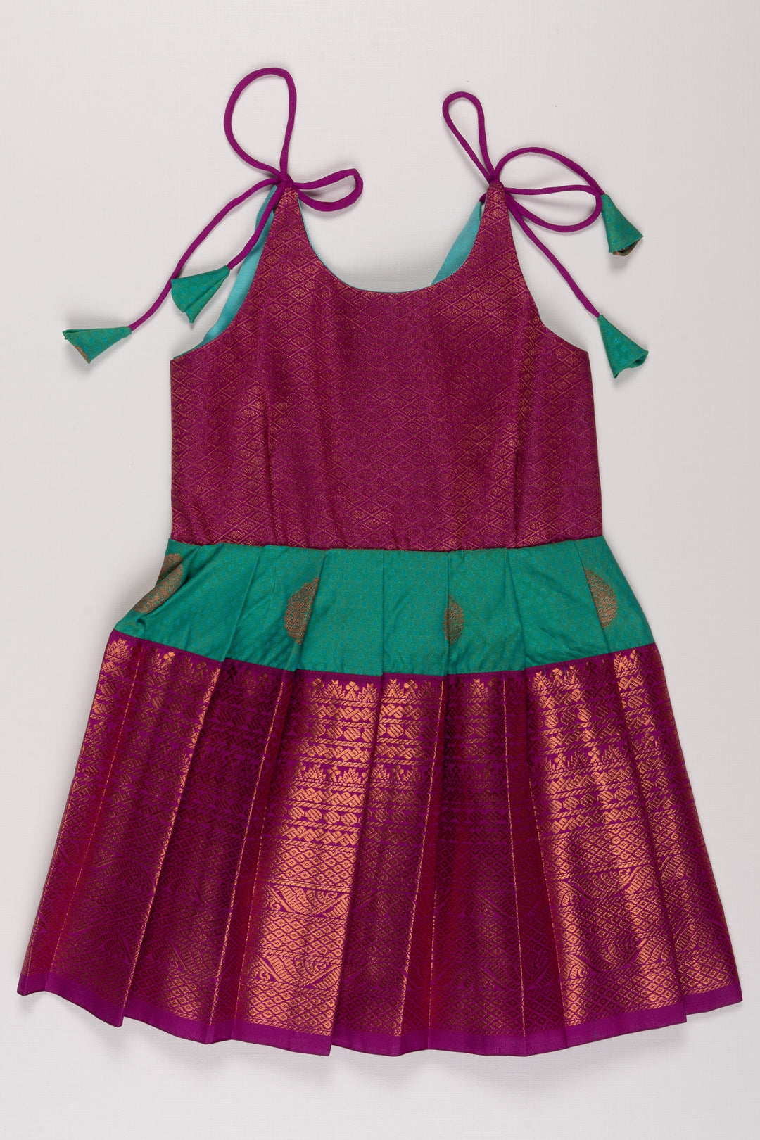 The Nesavu Tie Up Frock Vibrant Magenta and Green Silk Blend Tie-Up Dress Nesavu 16 (1Y) / Green / Style 1 T342A-16 Buy Magenta and Green Silk Party Dress | Festive Silk Blend Frock with Gold Detail | The Nesavu