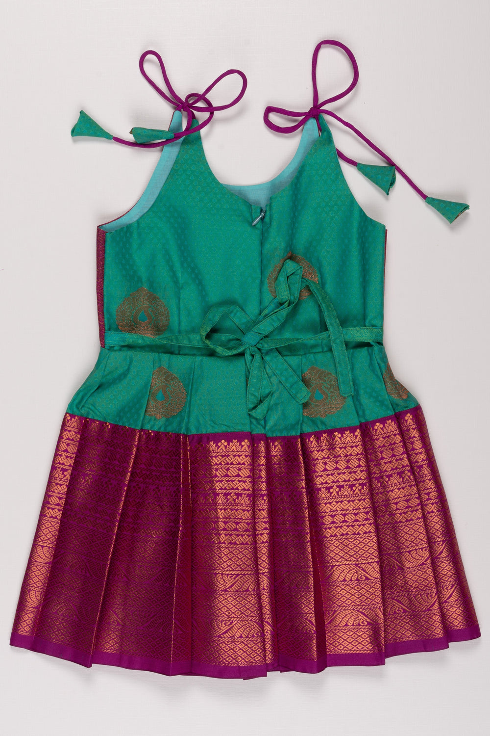 The Nesavu Tie Up Frock Vibrant Magenta and Green Silk Blend Tie-Up Dress Nesavu Buy Magenta and Green Silk Party Dress | Festive Silk Blend Frock with Gold Detail | The Nesavu