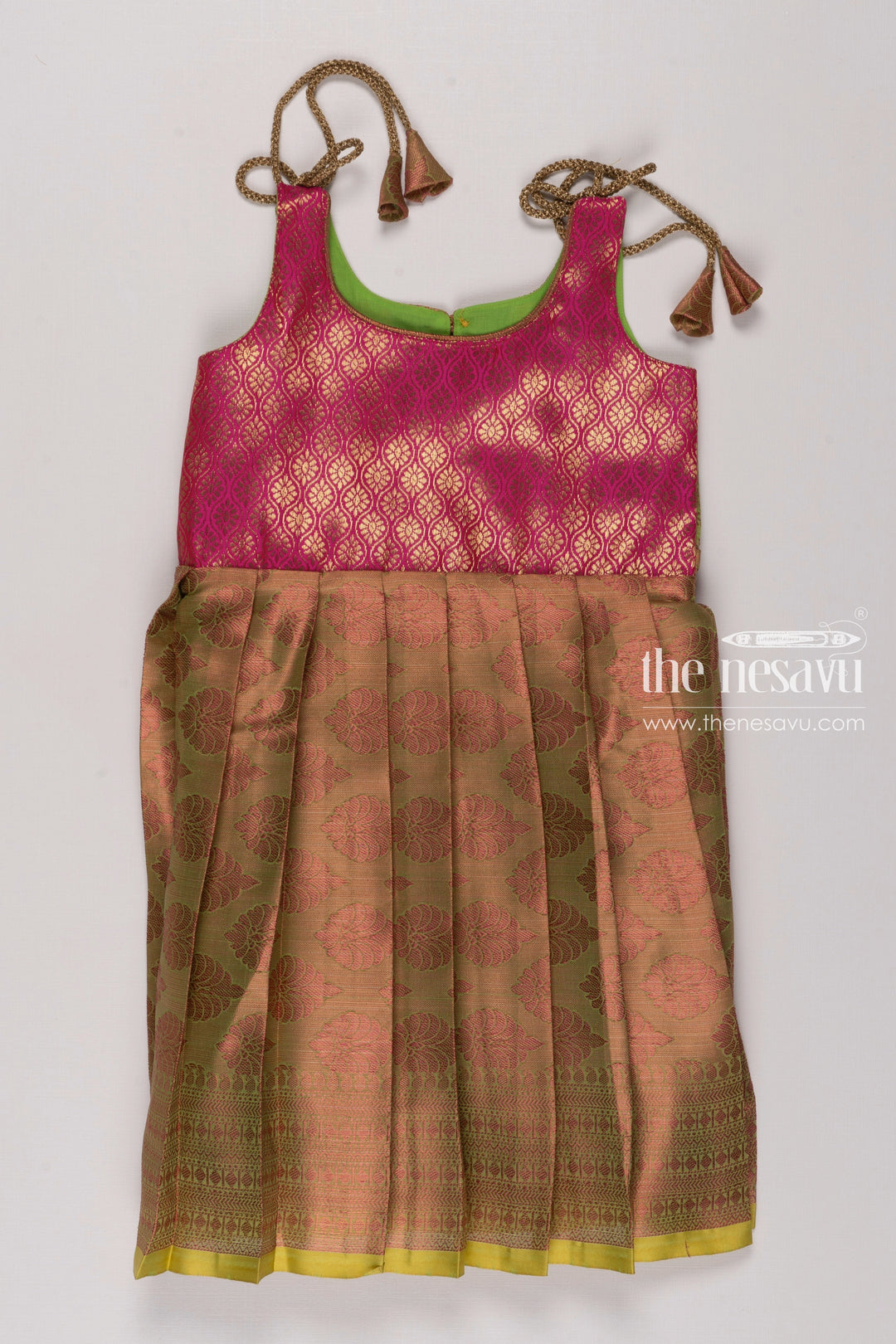 The Nesavu Tie-up Frock Vibrant Olive Green Silk TieUp Dress | Designer Frock with Traditional Patterns Nesavu 16 (1Y) / Green / Blend Silk T293A-16 Pink Olive Green Silk Frock | Traditional Party Dress with Golden Accents | The Nesavu