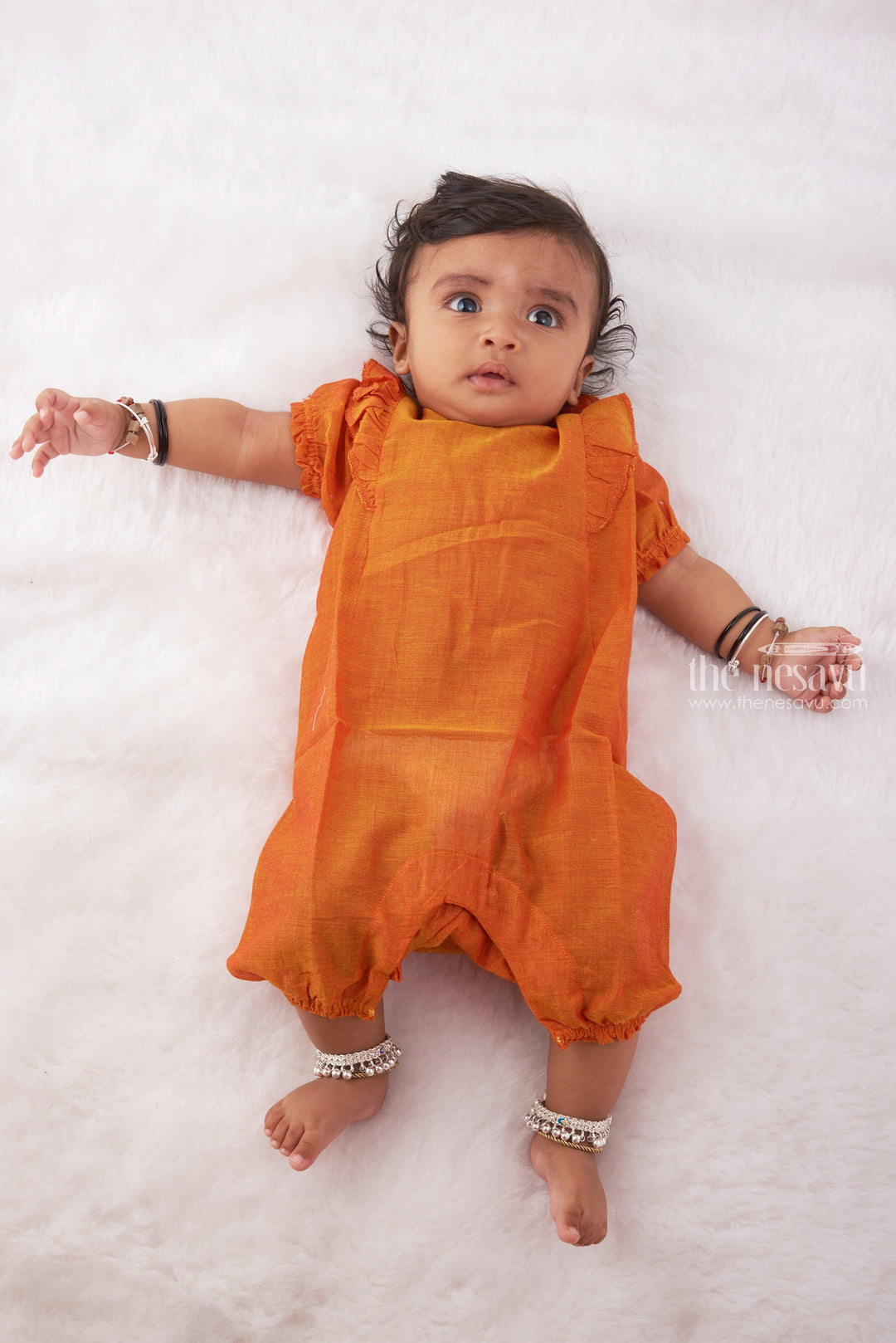 The Nesavu Baby Rompers/Onesies Vibrant Orange Baby Romper with Ruffled Sleeves- Newborn baby Rompers Nesavu 10 (NB) / Orange / Blend Silk IF018A-10 Radiant Orange Baby Romper with Playful Ruffles | A Burst of Color for Little Ones | The Nesavu