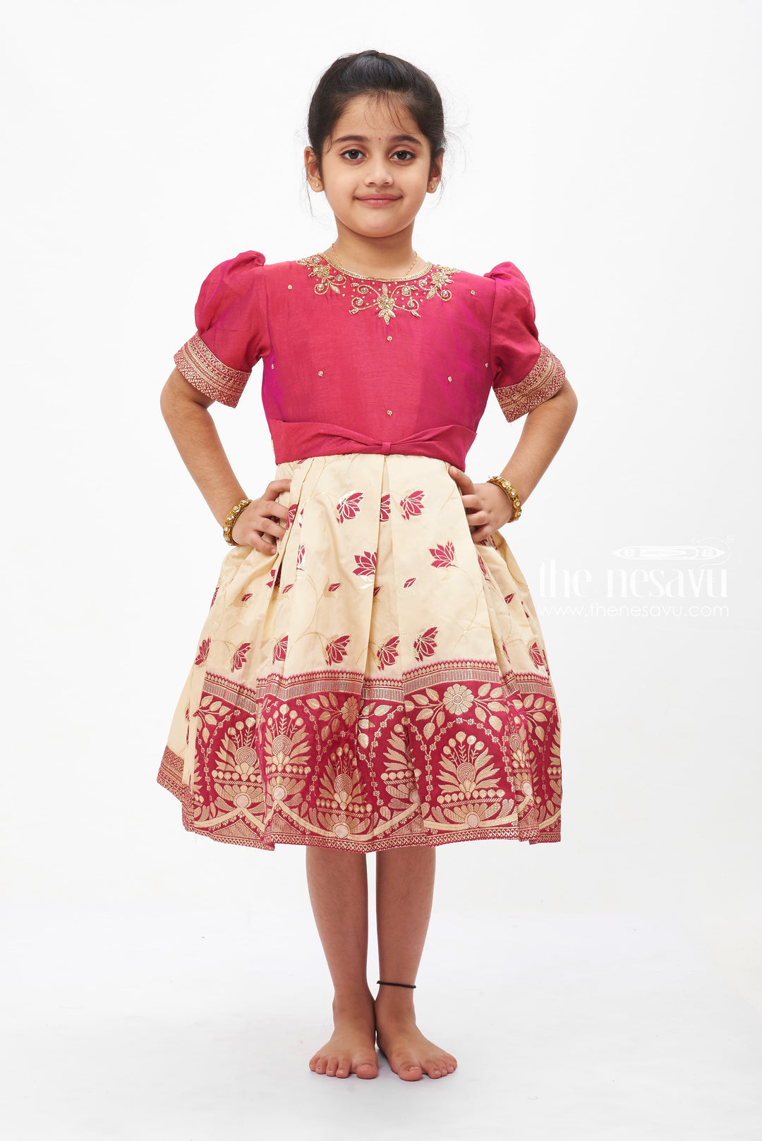 The Nesavu Silk Party Frock Vintage Bordeaux Silk Frock with Embroidered Ivory Skirt for Girls Nesavu 16 (1Y) / Maroon SF734A-16 Girls Ivory Embroidered Silk Frock | Elegant Occasion Wear | The Nesavu