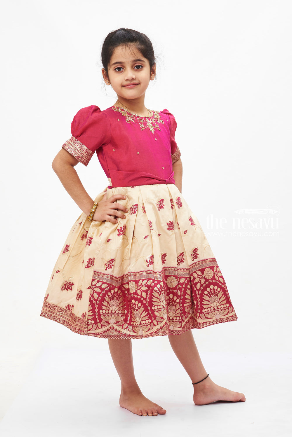 The Nesavu Silk Party Frock Vintage Bordeaux Silk Frock with Embroidered Ivory Skirt for Girls Nesavu Girls Ivory Embroidered Silk Frock | Elegant Occasion Wear | The Nesavu
