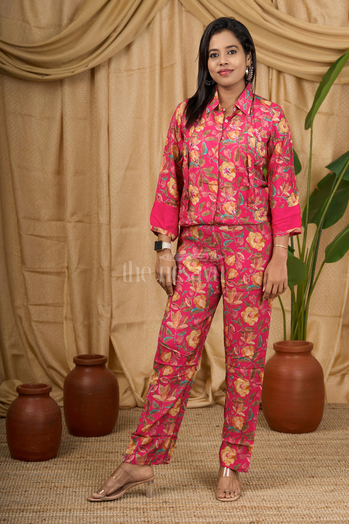 The Nesavu Womens Co-Ord Sets Women's Co-Ord Set in Yellow Muslin Silk with Multicolor Floral Print and Sequin Detailing for Festive Wear Nesavu 38 (M) / Gray WTW023A-38 Nesavu Women's Yellow Muslin Silk Co-Ord Set Multicolor Floral Print Sequin Detailing