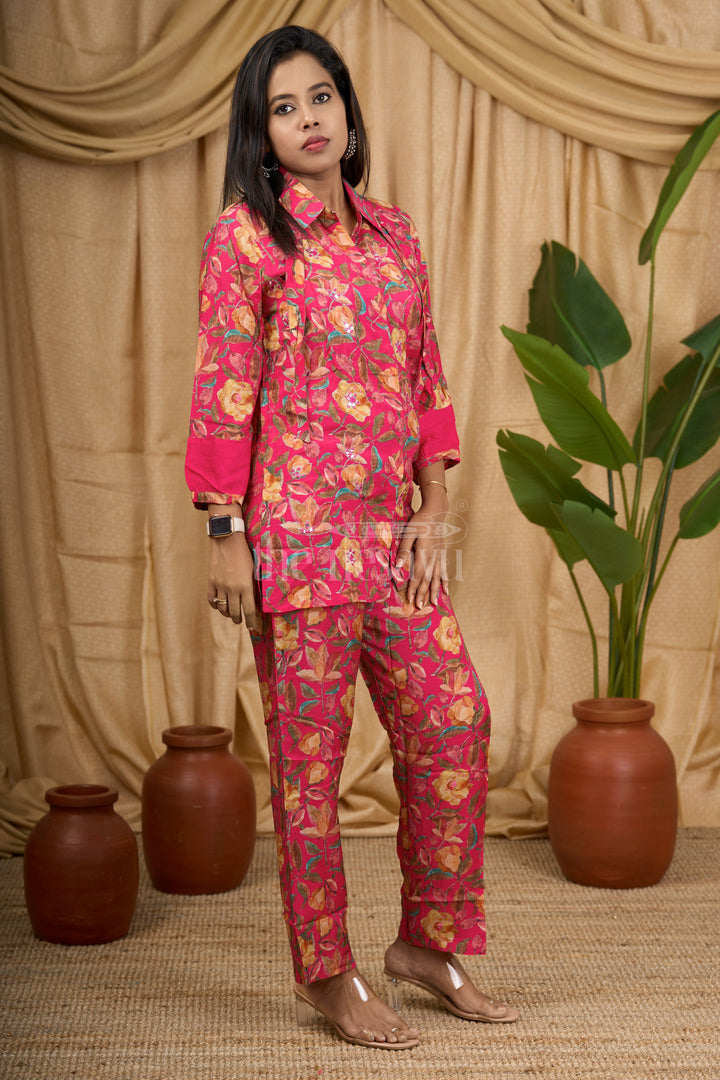 The Nesavu Womens Co-Ord Sets Women's Co-Ord Set in Yellow Muslin Silk with Multicolor Floral Print and Sequin Detailing for Festive Wear Nesavu Nesavu Women's Yellow Muslin Silk Co-Ord Set Multicolor Floral Print Sequin Detailing