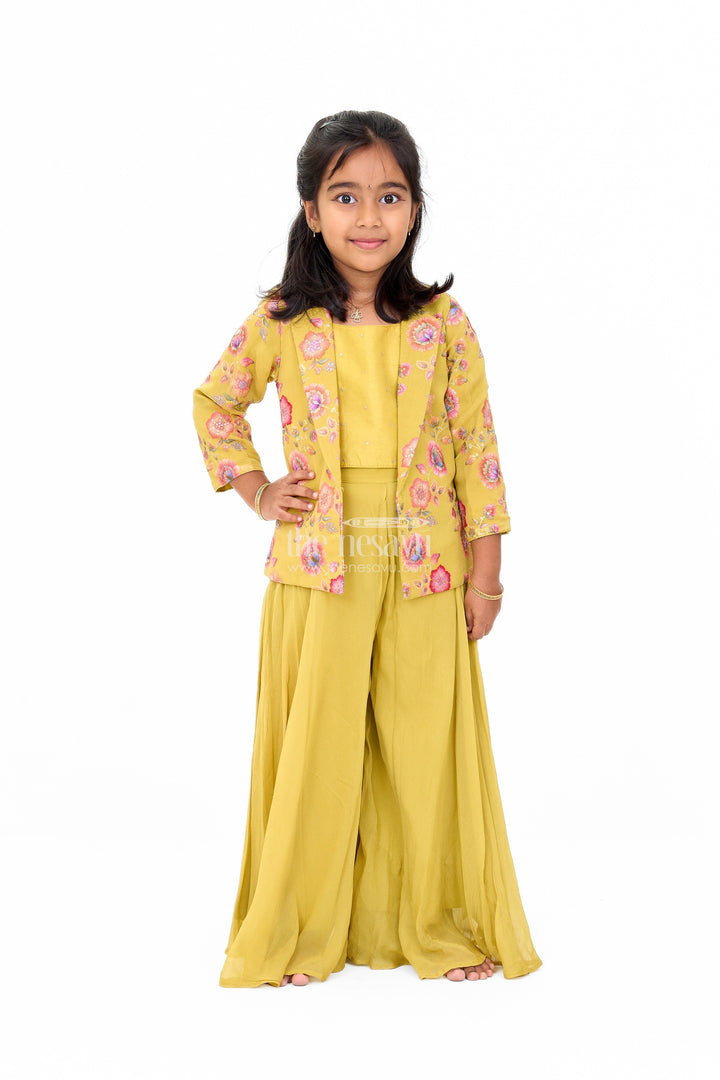 The Nesavu Girls Sharara / Plazo Set Yellow Georgette Sharara Set for Girls with Haldi Function Theme Nesavu 24 (5Y) / Yellow GPS376A-24 Yellow Georgette Sharara Set for Girls with Sequin Embroidery - Nesavu