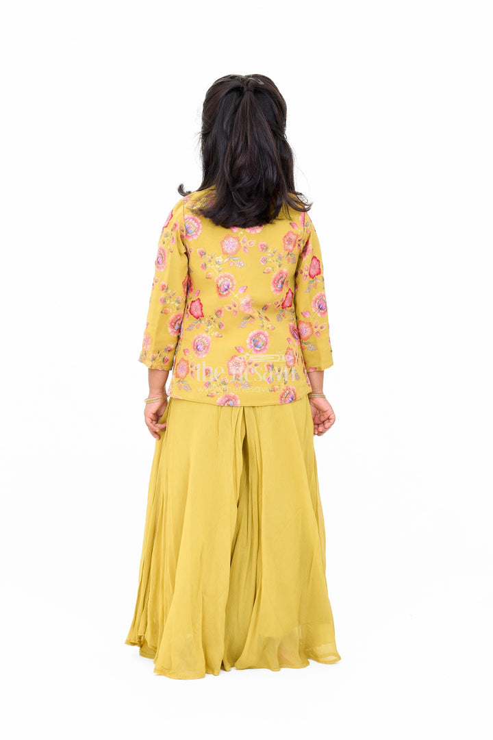 The Nesavu Girls Sharara / Plazo Set Yellow Georgette Sharara Set for Girls with Haldi Function Theme Nesavu Yellow Georgette Sharara Set for Girls with Sequin Embroidery - Nesavu