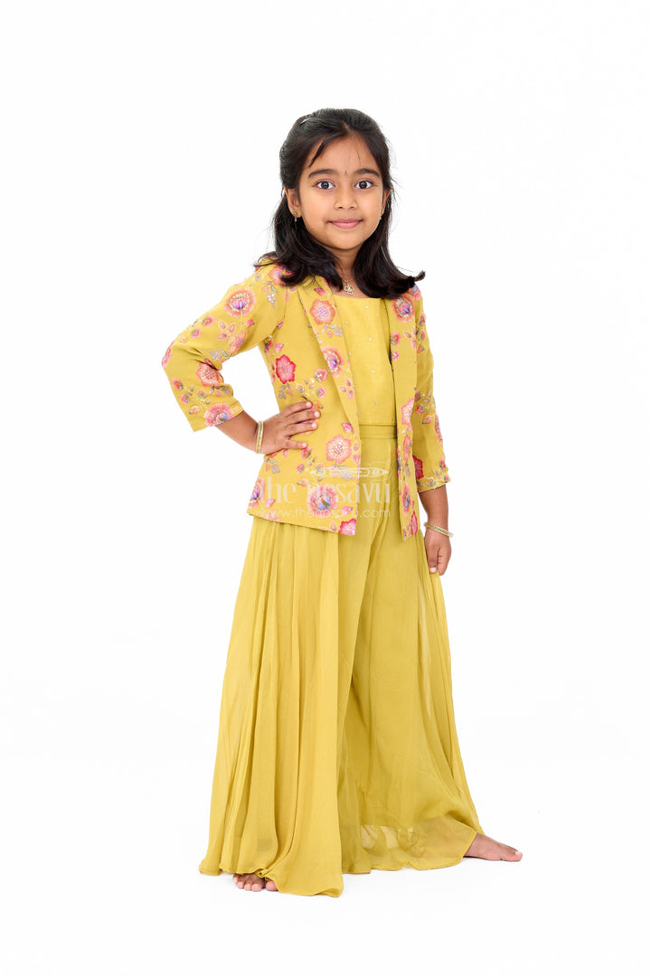 The Nesavu Girls Sharara / Plazo Set Yellow Georgette Sharara Set for Girls with Haldi Function Theme Nesavu Yellow Georgette Sharara Set for Girls with Sequin Embroidery - Nesavu