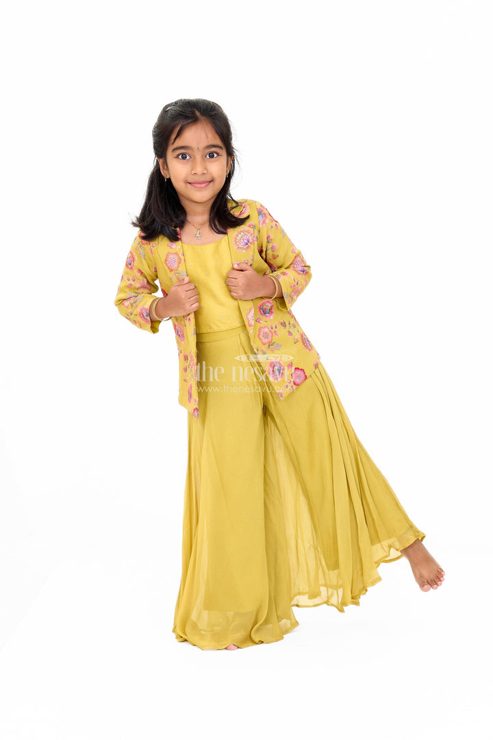 The Nesavu Girls Sharara / Plazo Set Yellow Georgette Sharara Set for Girls with Haldi Function Theme Nesavu Yellow Georgette Sharara Set for Girls with Sequin Embroidery - Nesavu
