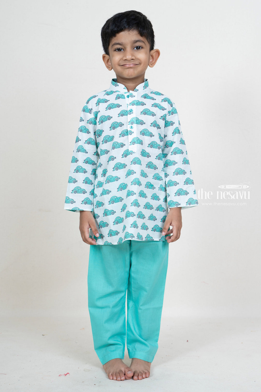 The Nesavu Ethnic Sets Aqua Blue Cotton Car Printed Play Wear Party Wear For Boys psr silks Nesavu 12 (3M) / Aquamarine BES209B