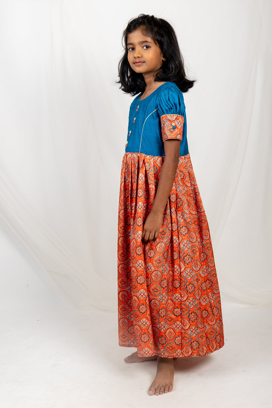 The Nesavu Kids Anarkali Latest Blue With Orange Designer Silk Frock For Girls With Embellishments psr silks Nesavu 16 (1Y) / Coral GA085