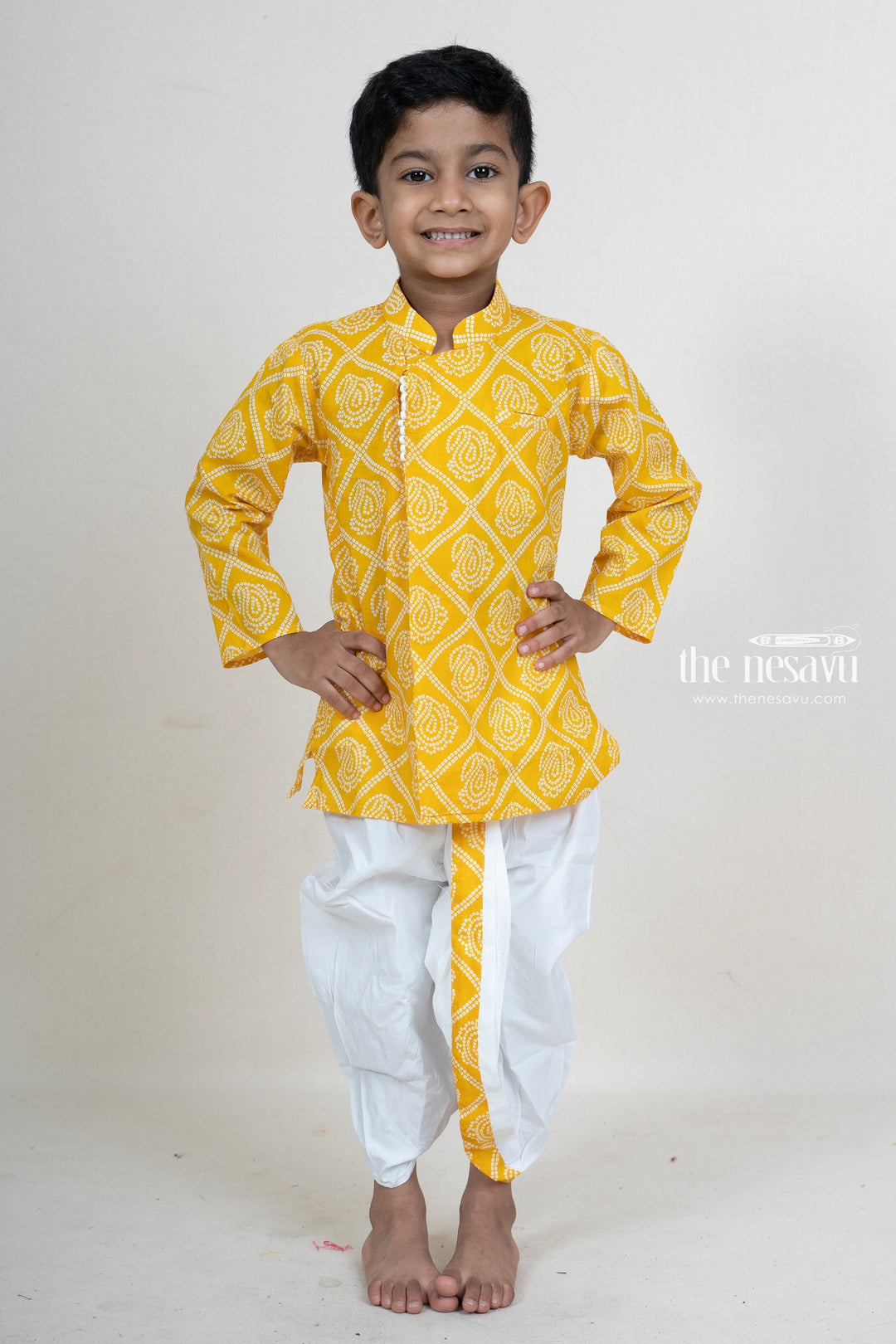 The Nesavu Ethnic Sets Paisley Printed Yellow Festive Wear Kurta For Baby Boys psr silks Nesavu 10 (NB) / yellow BES212A