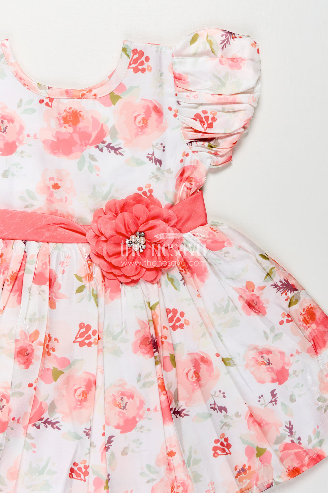 Floral Frock Online for Baby Girls in Glaza Satin Organza with Puff Sleeves and Elegant Design