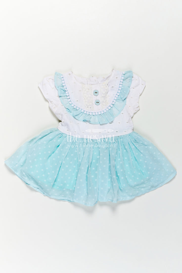 Cute Frocks for Girl in Pastel Blue with Hakoba Lace Yoke and Georgette Polka Dot Flare