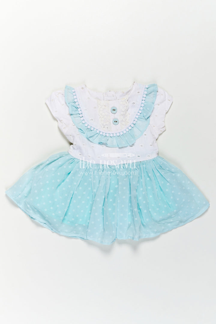 Cute Frocks for Girl in Pastel Blue with Hakoba Lace Yoke and Georgette Polka Dot Flare