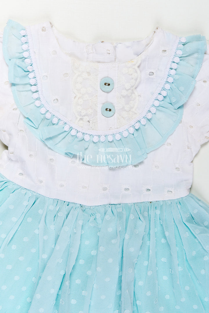 Cute Frocks for Girl in Pastel Blue with Hakoba Lace Yoke and Georgette Polka Dot Flare
