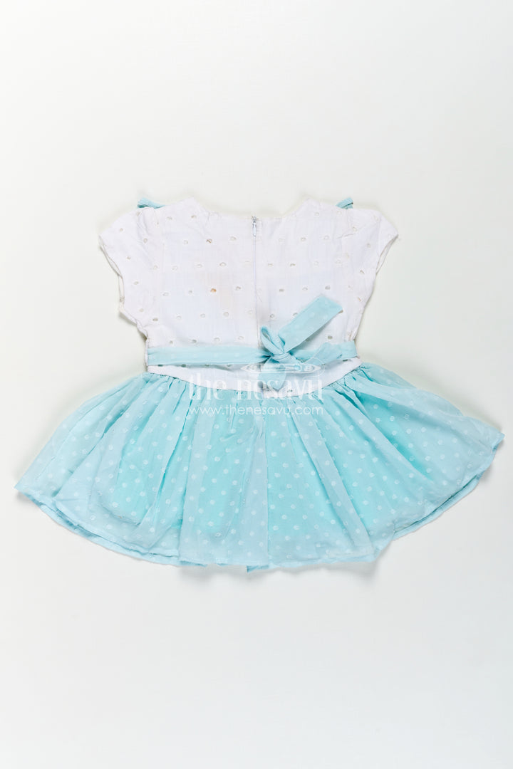 Cute Frocks for Girl in Pastel Blue with Hakoba Lace Yoke and Georgette Polka Dot Flare