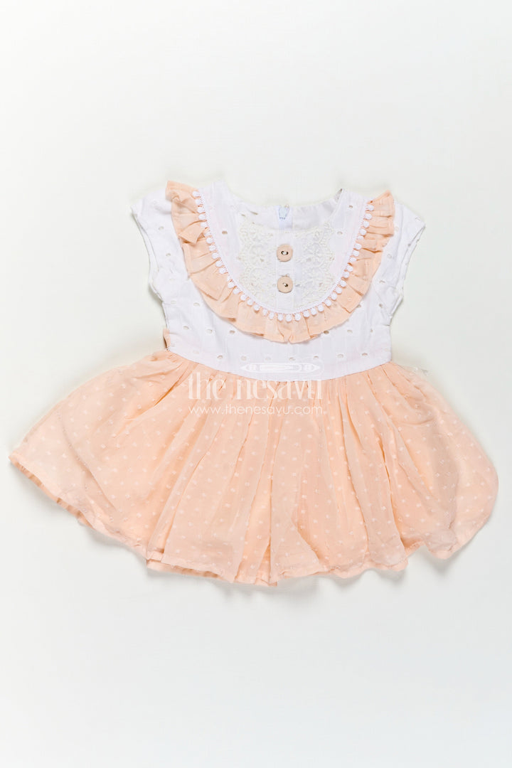 Peach Frock Suit for Baby Girls with Hakoba Lace Yoke and Polka Dot Georgette Skirt