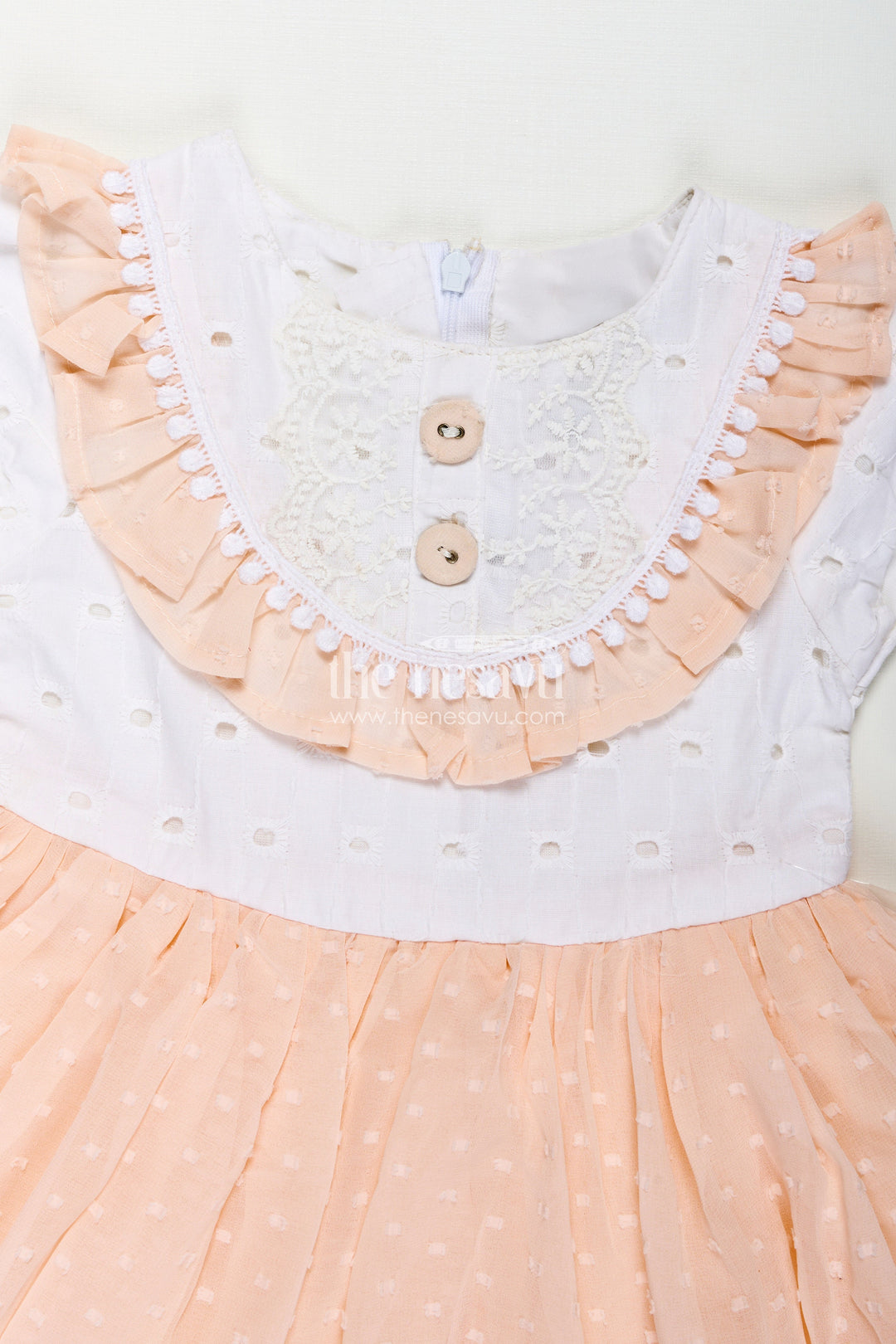 Peach Frock Suit for Baby Girls with Hakoba Lace Yoke and Polka Dot Georgette Skirt