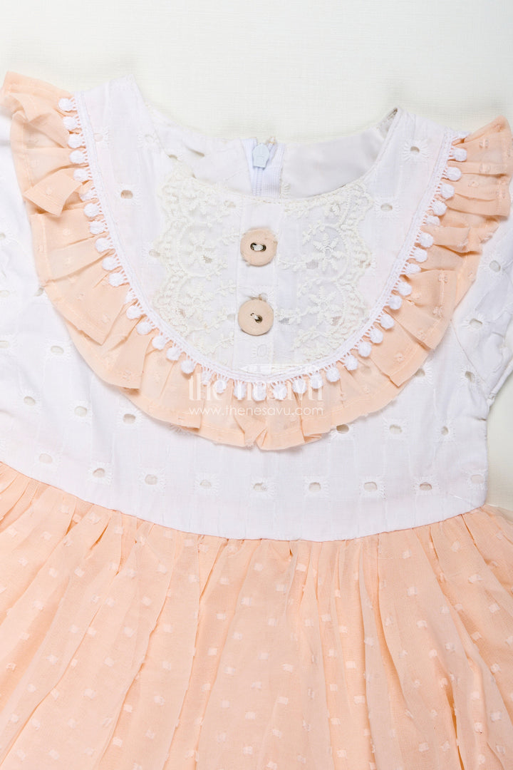 Peach Frock Suit for Baby Girls with Hakoba Lace Yoke and Polka Dot Georgette Skirt