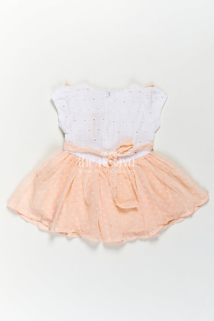 Peach Frock Suit for Baby Girls with Hakoba Lace Yoke and Polka Dot Georgette Skirt